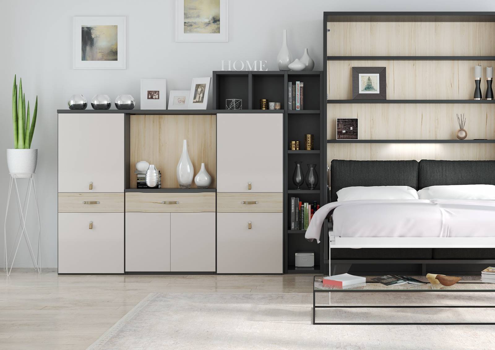 Table escamotable sans fond MENTON placée contre un mur entre 2 placards. Meuble multifonction gain d'espace vendu dans les Alpes Maritimes proche de Monaco.