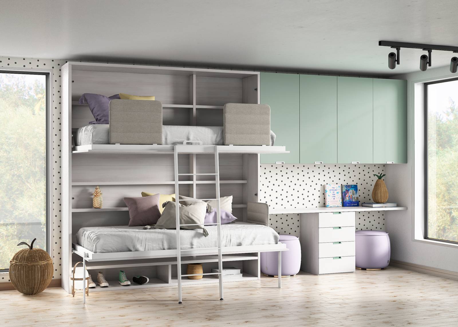 Lits jumeaux escamotables de 90x190 ou 90x200 cm avec 2 rangements ouverts ou fermés en vente proche de Cannes 06