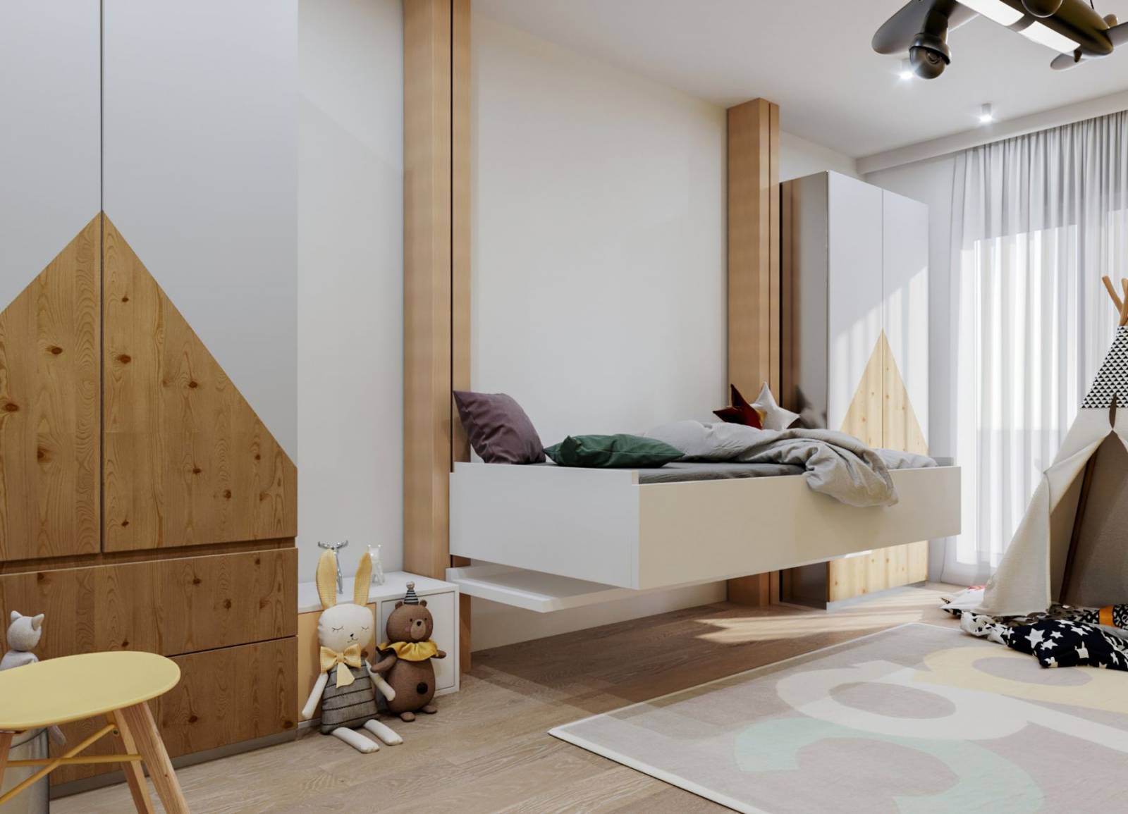 Lit simple au plafond électrique de 90x200 parallèle au mur permet un gain de place maximum en vente proche d'Antibes