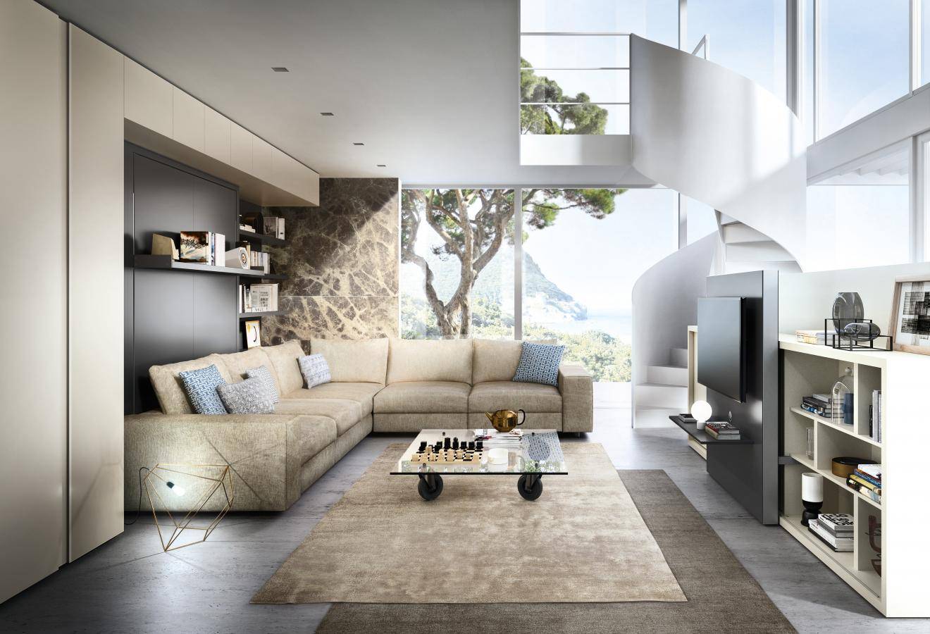 Le jour un Salon d'angle haut de gamme généreux et transformable la nuit en chambre double confortable grace à ce modèle de lit escamotable avec canapé en vente proche de Cannes 06