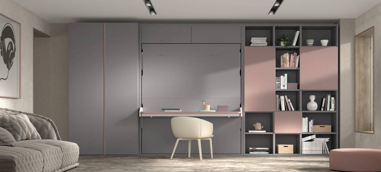 Télétravailler ou dormer dans une petite chambre équipée de ce lit escamotable de 160 et son bureau à Paris