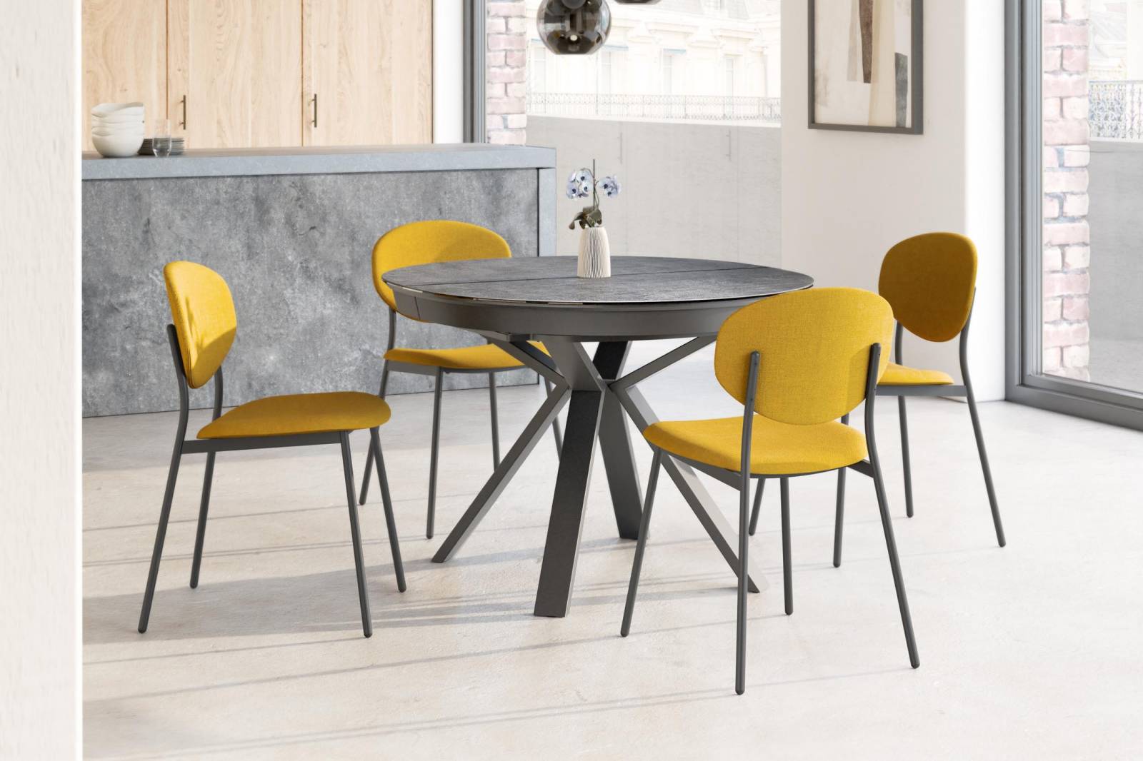 Table ronde extensible personnalisable avec plateau et allonge intégrée en Céramique ou en Dekton proche de Cannes 06