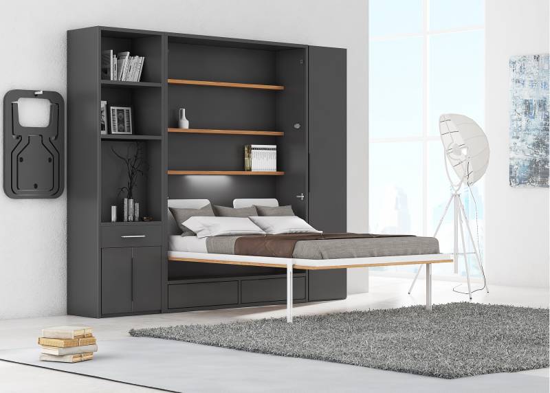 Table escamotable MENTON intégrée dans un meuble haut avec fond. Meuble multifonction pour gagner de la place vendue dans le Var entre Hyères et Fréjus.