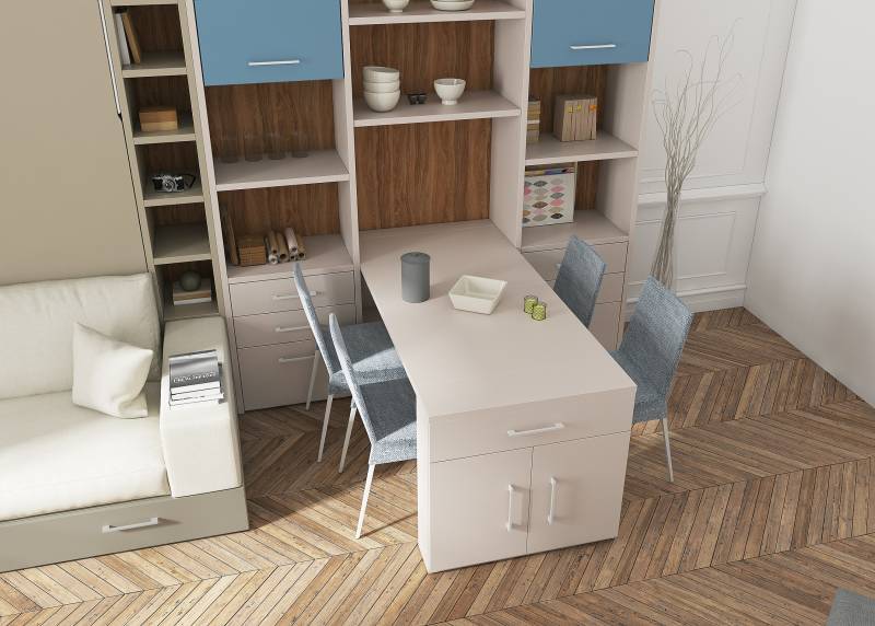 Table transformable MENTON intégrée dans un meuble haut avec fond. Meuble pour petit espace vendu entre Cannes et Antibes.