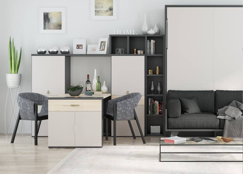 Table transformable sans fond MENTON placée contre un mur entre 2 placards. Meuble multifonction gain de place vendue sur la Côte d'azur entre Nice et Menton.