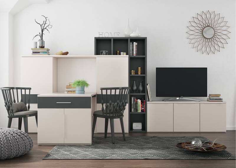 Table multifonction sans fond MENTON placée contre un mur entre 2 placards. Meuble multifonction gain de place vendue sur la Côte d'azur à côté de Cassis et La Ciotat.