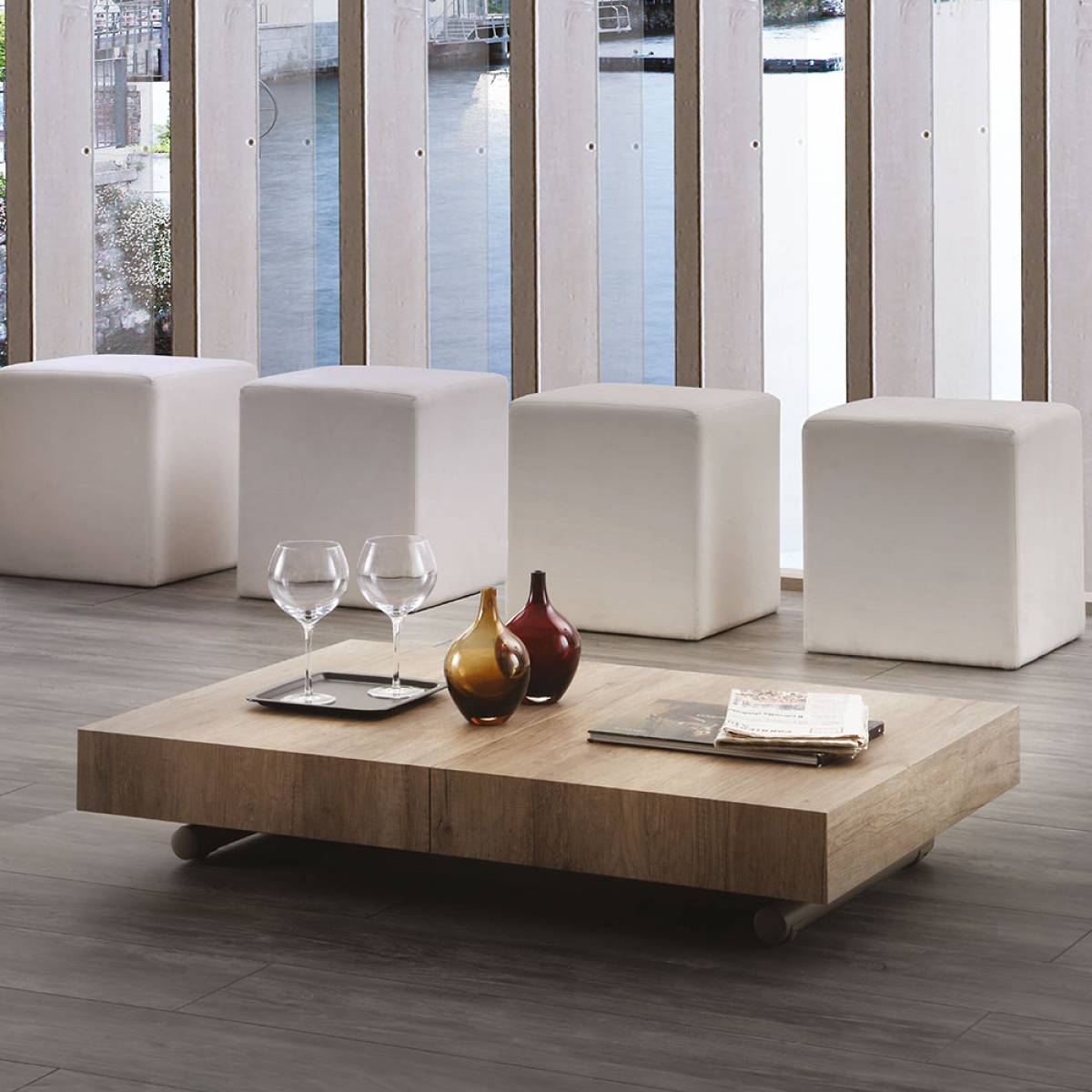 Optimisez votre espace ! Table basse 120x80 relevable + 3 allonges modulables finitions CHENE/TAUPE showroom proche de Cassis  