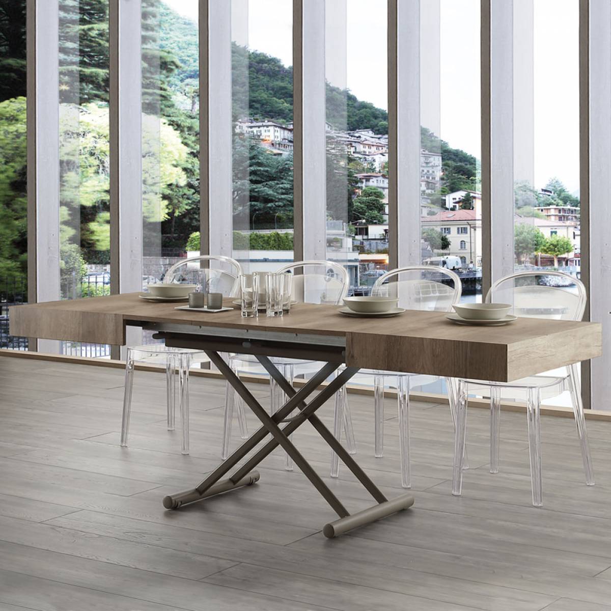 Table basse multifonction 120x80 avec 3 rallonges finitions CHENE/TAUPE – parfaite pour studio ou salon compact – showroom à côté de Cassis
