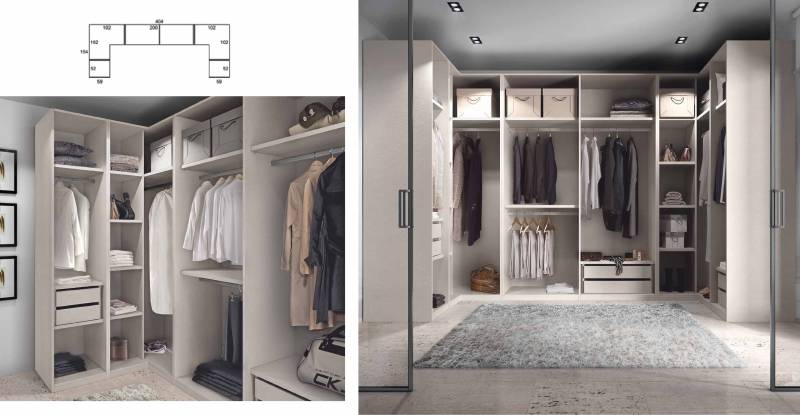 Dressing ouvert SANARY en forme de U sans portes, composé sur mesure avec 2 angles droits à Cassis entre Aubagne et La Ciotat.